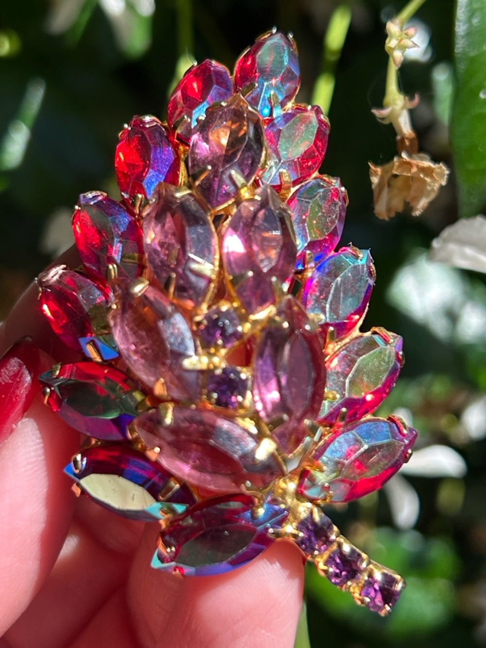 Vintage Aurora Borealis Purple Crystal Leaf Brooch
